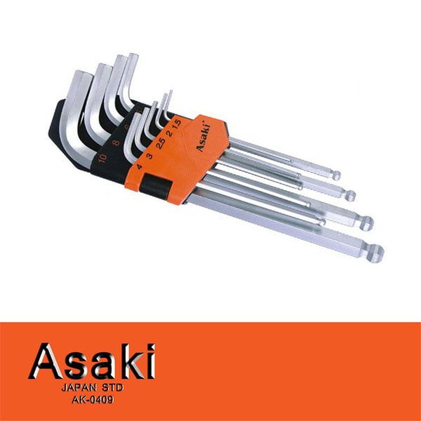  Bộ lục giác xi mờ 9 cây 1.5-10mm thân ngắn đầu bi Asaki AK-0409 