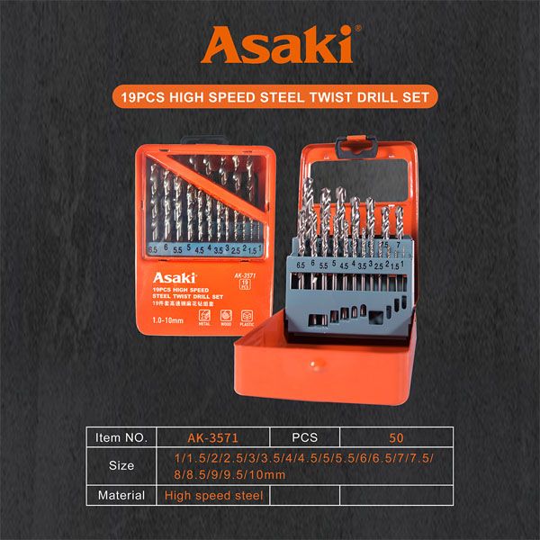  Bộ mũi khoan sắt và inox 19 cây từ 1.0-10mm Asaki AK-3571 