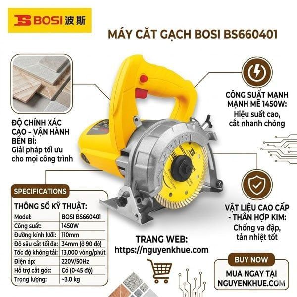  Máy cắt gạch BOSI BS660401 110mm 1450W Chính Hãng 