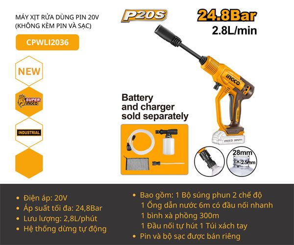  Máy xịt rửa cao áp dùng pin 20V-24.8Bar INGCO CPWLI2036 