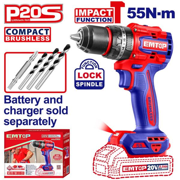  Máy khoan động lực dùng pin 20V-55N.m EMTOP ECIDL205581 