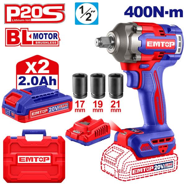  Máy vặn bu lông dùng pin 20V-400Nm EMTOP ECIWL2040 