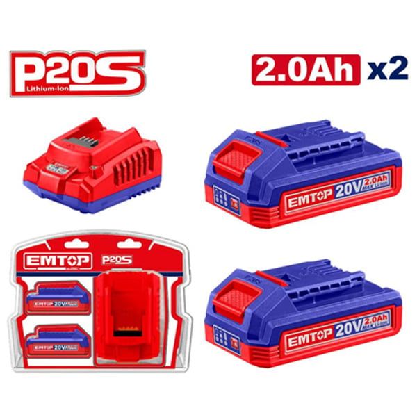  Bộ combo 2 pin 20Vx2.0Ah và 1 sạc EMTOP ELBCPK2212 