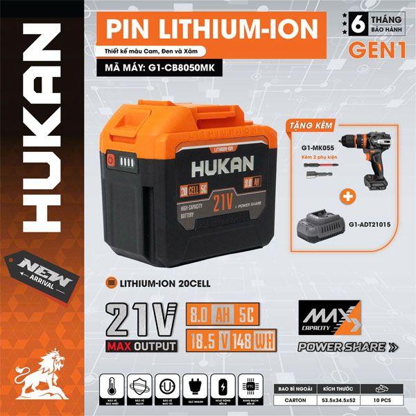  Pin Hukan G1-CB8050MK tặng kèm máy khoan và sạc (21Vx8.0Ah) 