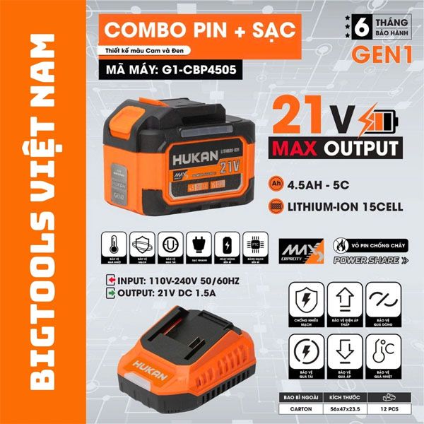  Combo pin 15cell-4.5Ah sạc 1.5Ah Hukan G1-CBP4505 