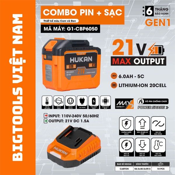 Combo pin 20cell-6.0Ah sạc 1.5Ah Hukan G1-CBP6050 