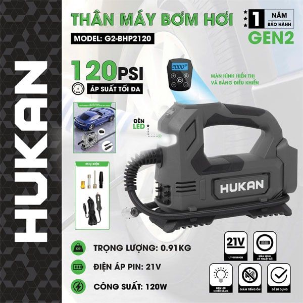  Máy bơm hơi dùng pin 21V Hukan G2-BHP2120 (SOLO) 