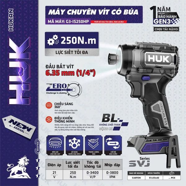  Máy vặn vít động lực dùng pin 21V Hukan G3-IS250HP (SOLO) 