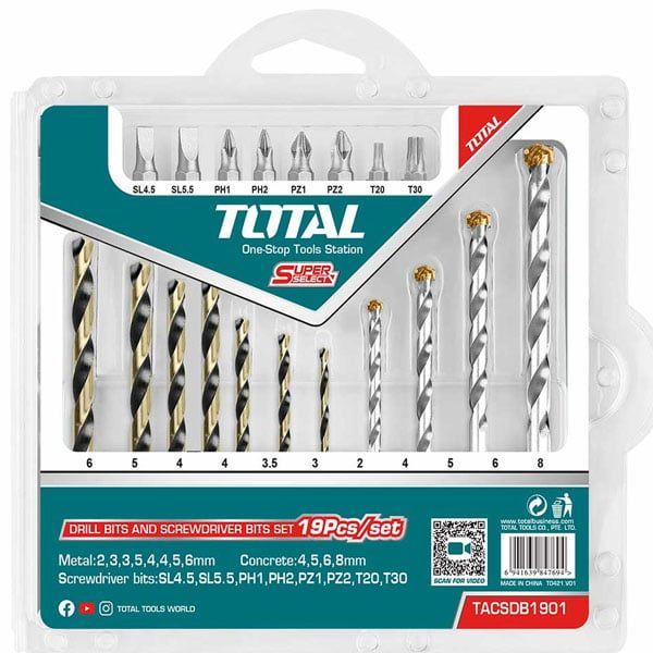  Bộ 19 mũi khoan kim loại, bê tông  và mũi  bắt vít Total TACSDB1901 