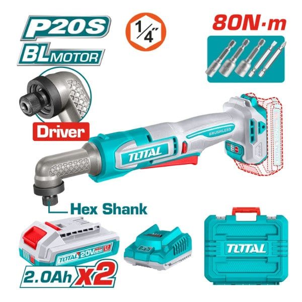  Máy Vặn Vít Góc Dùng Pin Total TAIRLI208 20V 80Nm Đầu 1/4 Inch (Kèm 2 Pin 2.0Ah và 1 Sạc) 