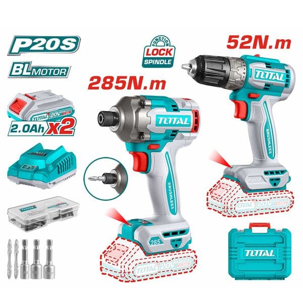  Bộ combo 2 máy dùng pin 20V máy khoan và máy vặn vít Total TCKLI20272 