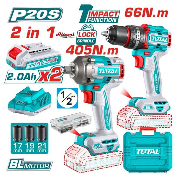  Bộ combo máy khoan búa máy vặn bu lông dùng pin 20V Total TCKLI20286 