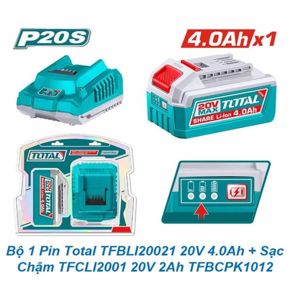  Bộ 1 Pin Total TFBLI20021 20V 4.0Ah + Sạc Chậm TFCLI2001 20V 2Ah TFBCPK1012 