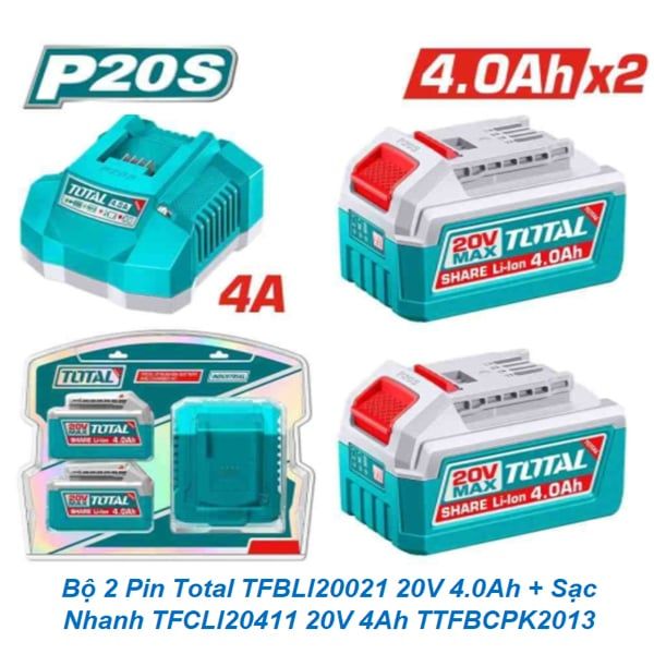  Bộ 2 Pin Total TFBLI20021 20V 4.0Ah + Sạc Nhanh TFCLI20411 20V 4Ah TTFBCPK2013 