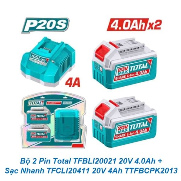  Bộ 2 Pin Total TFBLI20021 20V 4.0Ah + Sạc Nhanh TFCLI20411 20V 4Ah TTFBCPK2013 