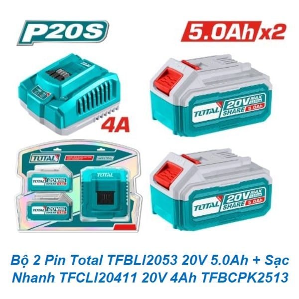  Bộ 2 Pin Total TFBLI2053 20V 5.0Ah + Sạc Nhanh TFCLI20411 20V 4Ah TFBCPK2513 