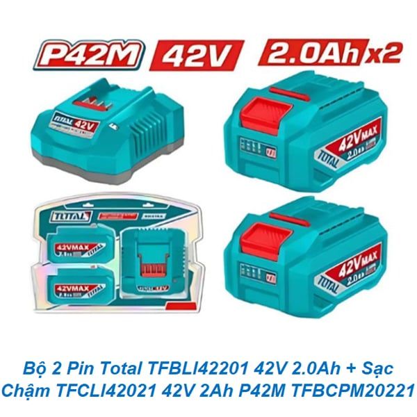  Bộ 2 Pin Total TFBLI42201 42V 2.0Ah + Sạc Nhanh TFCLI42021 42V 2Ah P42M TFBCPM20221 