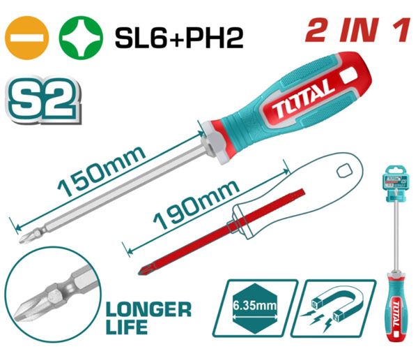  Tua vít 2 đầu SL6x150 và PH2x150mm Total THT250266 