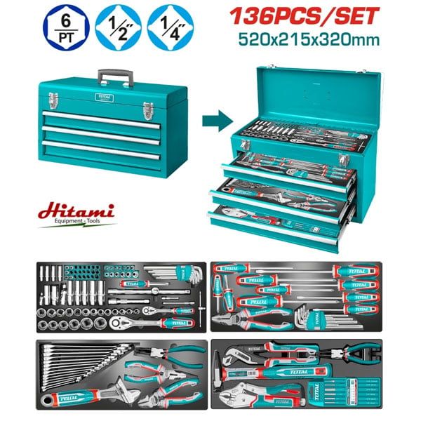  Bộ đồ nghề đa năng 136 chi tiết đựng trong hộp kim loại 3 ngăn Total THTCS351367 