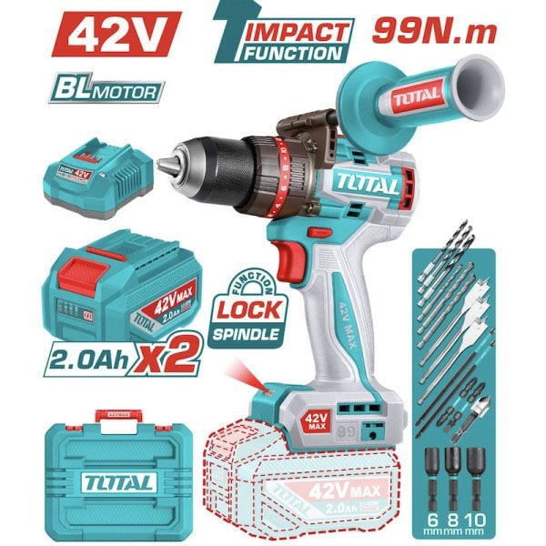  Máy Khoan Động Lực Dùng Pin Total TIDLI429982 42V Max 99Nm 13mm (Kèm 2 Pin 2.0Ah và 1 Sạc) 