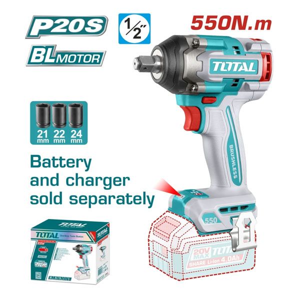  Máy Siết Bu Lông Dùng Pin Total TIWLI20551 20V 550Nm Đầu Vuông 1/2" (Chưa Pin & Sạc) 