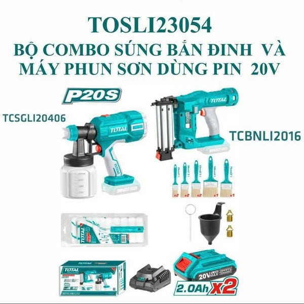  Bộ combo 2 máy dùng pin 20V máy bắn đinh và máy phun sơn Total TOSLI23054 