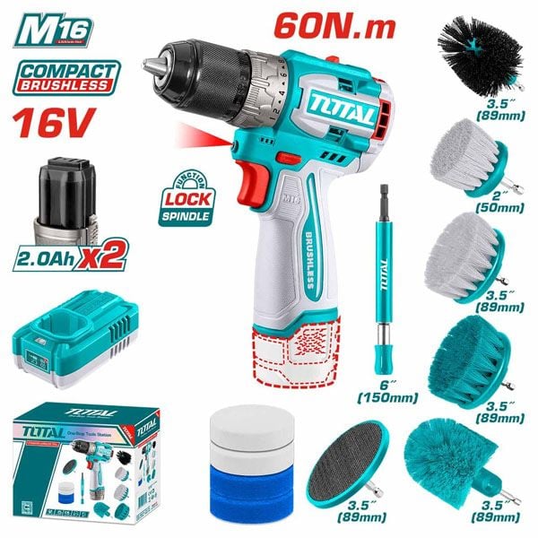  Bộ combo máy khoan dùng pin 16V và 11 bàn chải Total TOSLI240786 
