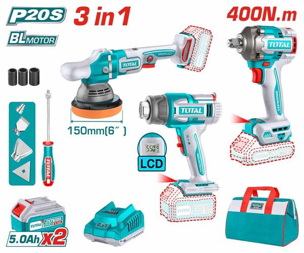  Bộ combo 3 máy dùng pin 20V khò nhiệt, đánh bóng và siết bu lông Total TOSLI240863 