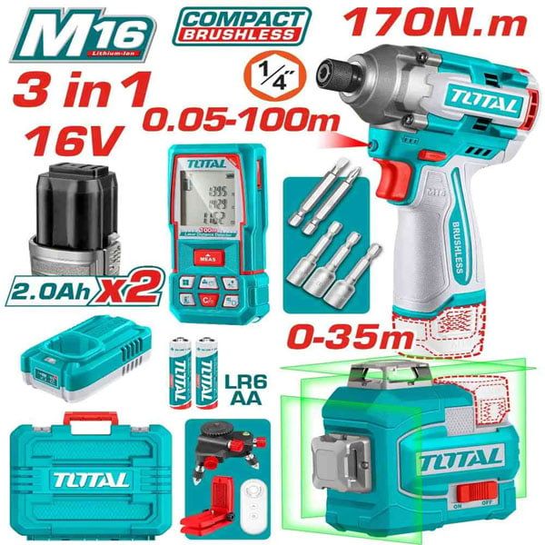  Bộ combo máy vặn vít, cân mực, đo khoảng cách dùng pin 16V Total TOSLI250886 