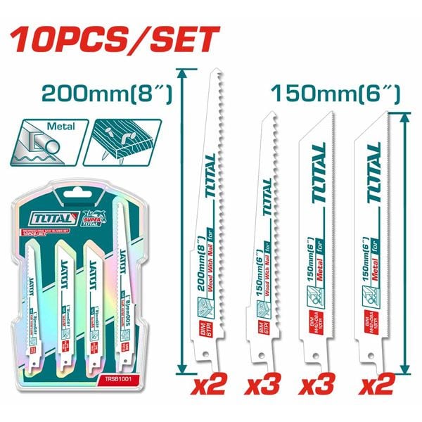  Bộ 10 lưỡi cưa kiếm cho gỗ có đinh và kim loại Total TRSB1001 