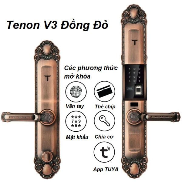  Khóa cửa vân tay Tenon V3 Đồng Đỏ – Khóa thông minh cho biệt thự, tân cổ điển 