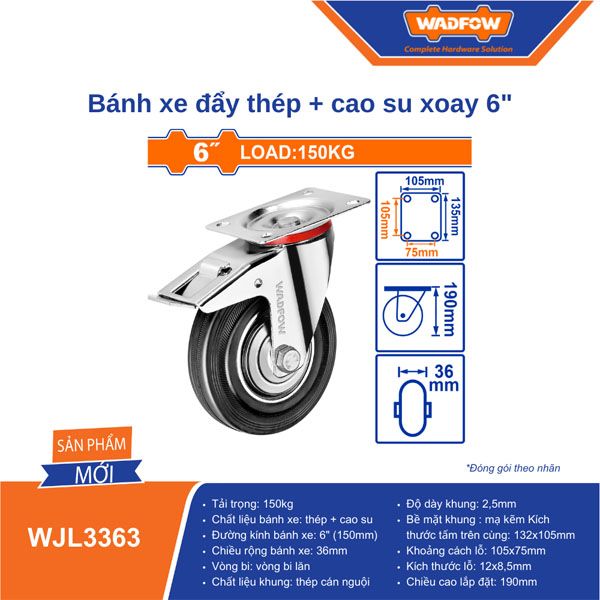  Bánh xe đẩy thép và cao su xoay 6 inch WADFOW WJL3363 