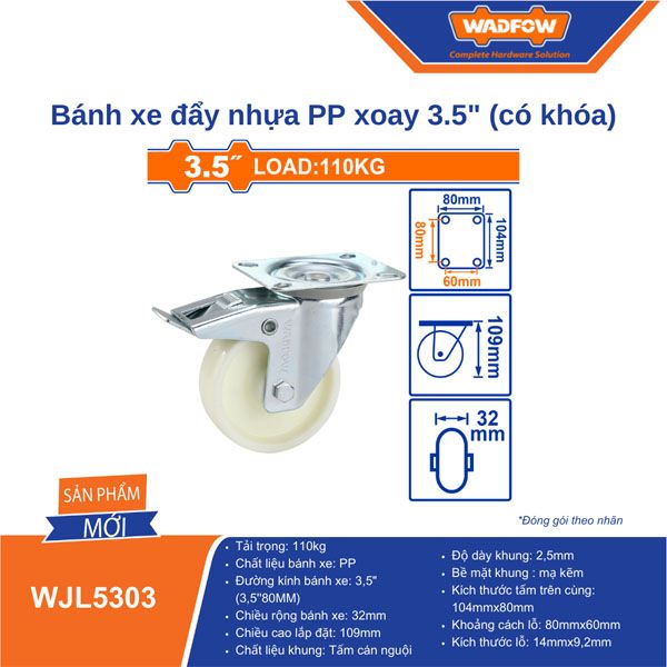  Bánh xe xoay có khóa bằng nhựa PP 3.5 inch WADFOW WJL5303 