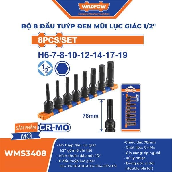  Bộ 8 đầu tuýp đen mũi lục giác 1/2 inch WADFOW WMS3408 