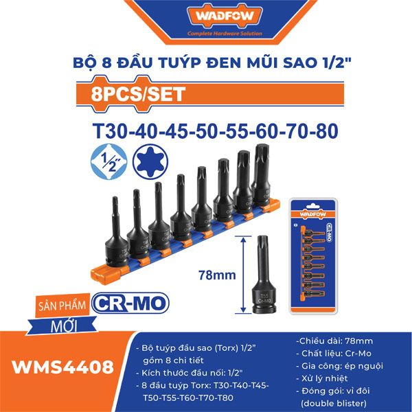  Bộ 8 đầu tuýp đen mũi sao 1/2 inch WADFOW WMS4408 