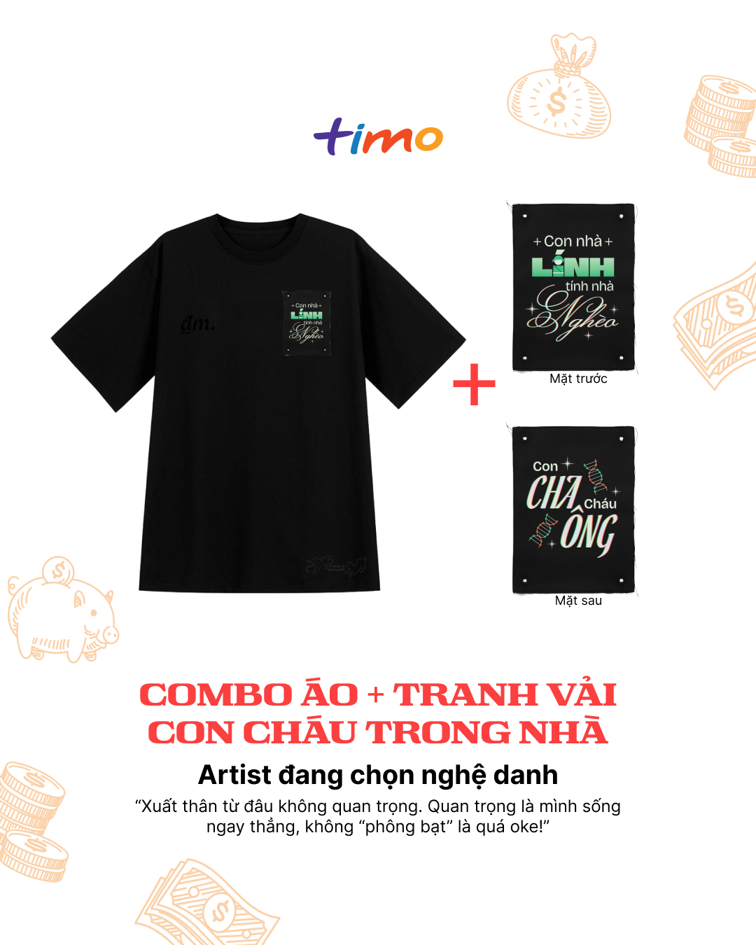  Combo Áo thun đen unisex và tranh vải gắn áo | Chủ đề Hết tiền mà còn-ten 