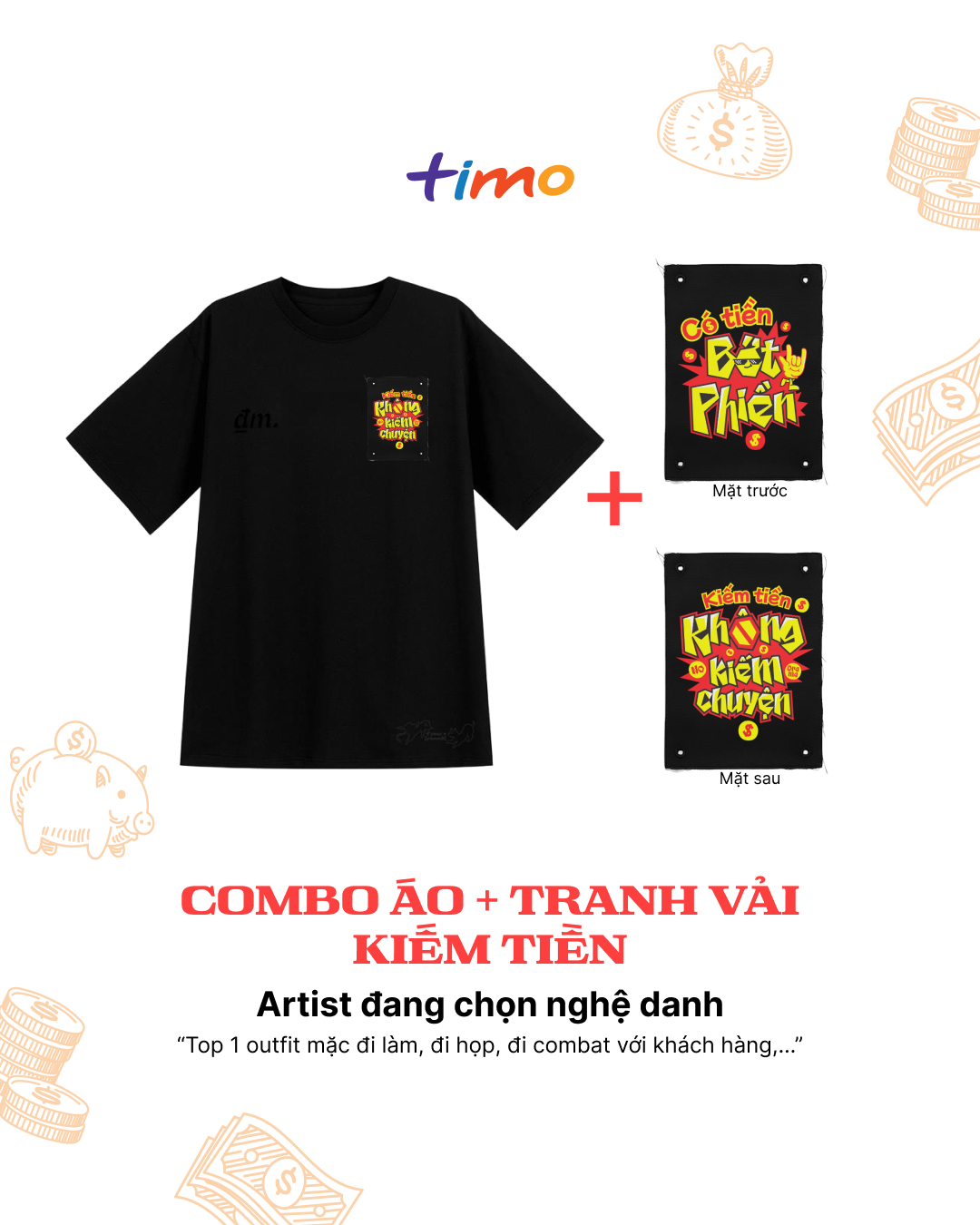  Combo Áo thun đen unisex và tranh vải gắn áo | Chủ đề Hết tiền mà còn-ten 