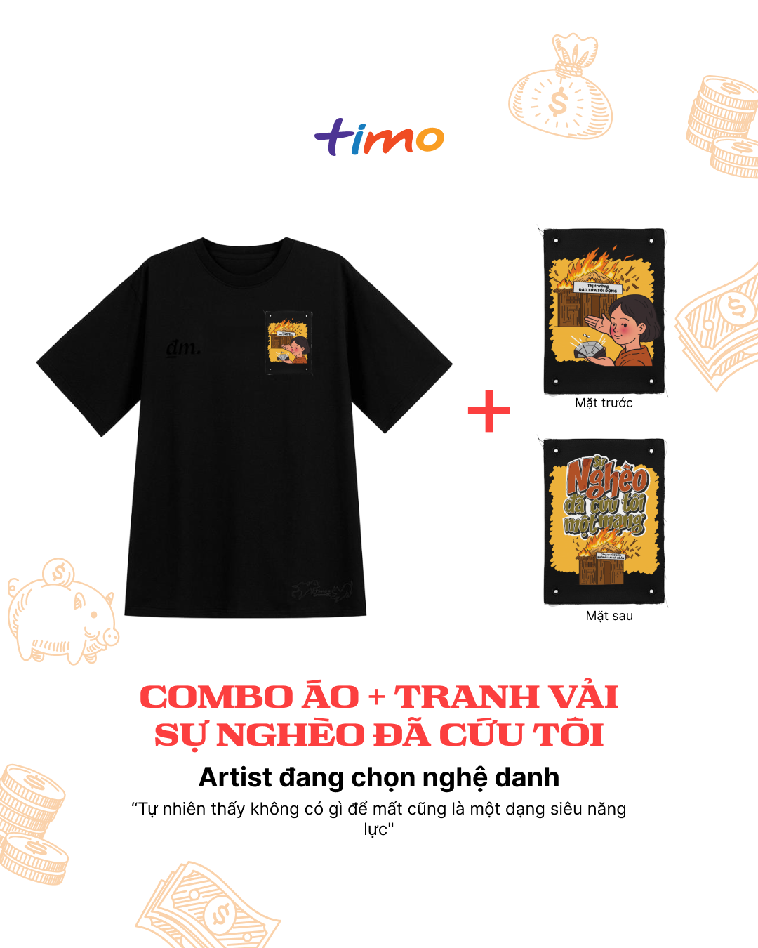  Combo Áo thun đen unisex và tranh vải gắn áo | Chủ đề Troll nghèo kệ khổ 