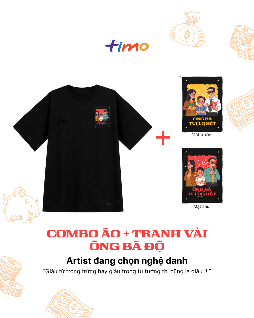  Combo Áo thun đen unisex và tranh vải gắn áo | Chủ đề Giàu bằng niềm tin 