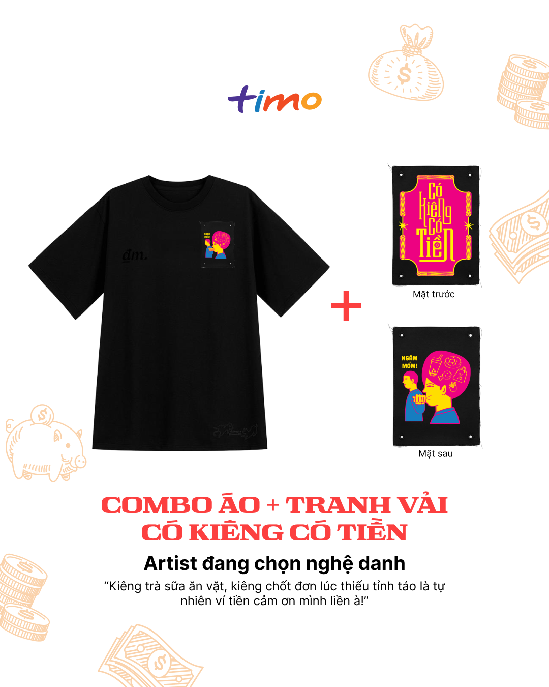  Combo Áo thun đen unisex và tranh vải gắn áo | Chủ đề Giàu bằng niềm tin 