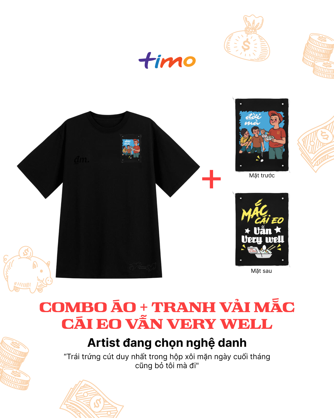  Combo Áo thun đen unisex và tranh vải gắn áo | Chủ đề Troll nghèo kệ khổ 