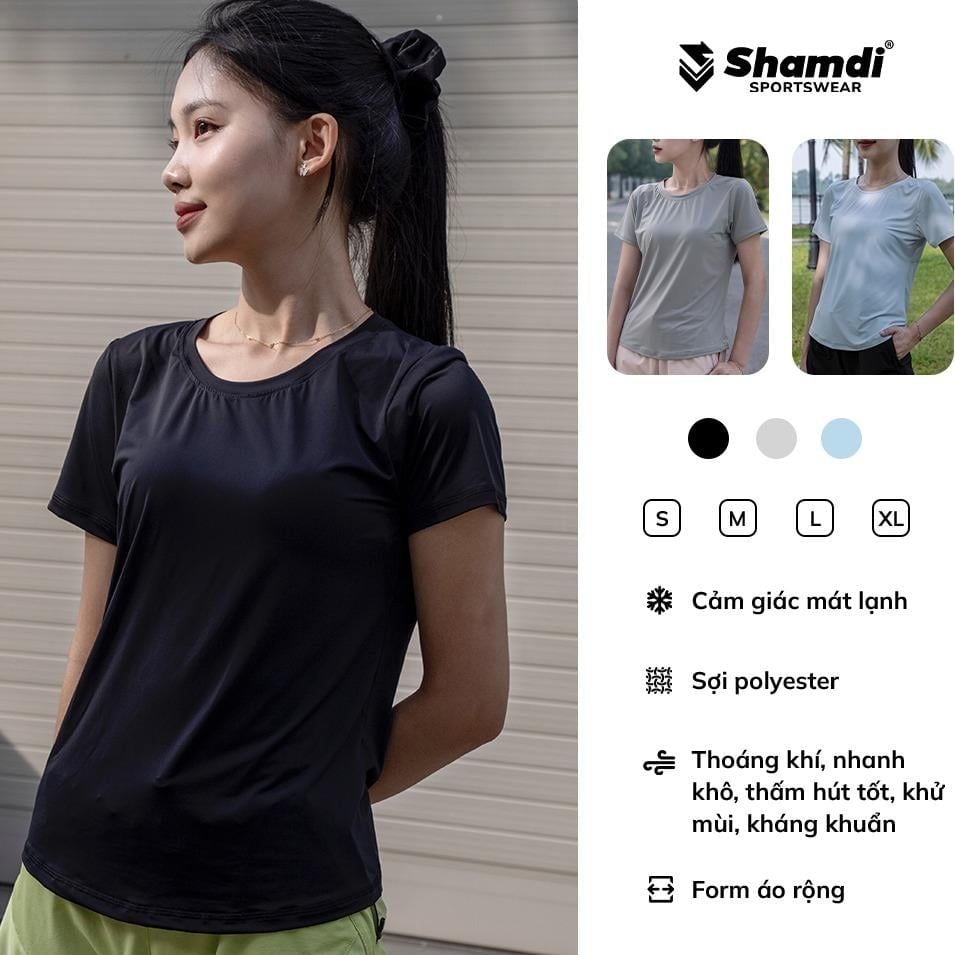 Áo Thun Thể Thao Nữ  Shamdi Tập Gym Yoga Pickleball Ngắn Tay Cổ Tròn Casual Shamdi Cao Cấp, Vải Mềm Mịn Chống Nhăn Co Giãn 4 Chiều Thoáng Khí Lỗi 1 Đổi 1
