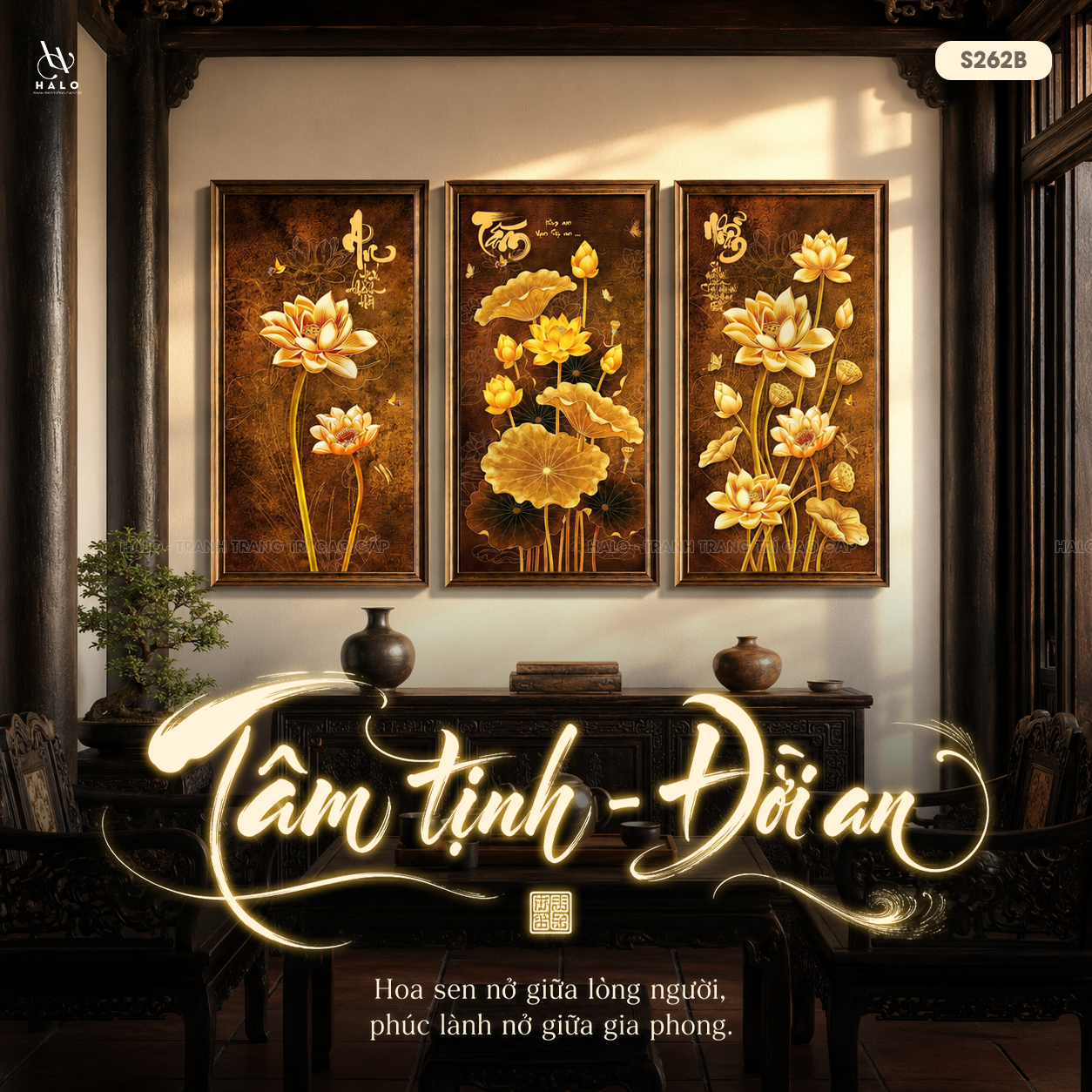  TRANH BỘ 3 HOA SEN - TÂM TỊNH ĐỜI AN - S262B 