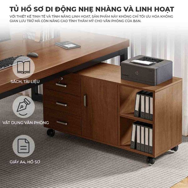 Combo Bàn Kết Hợp Tủ Hồ Sơ Khung Sắt Đen Mặt Gỗ - GM190