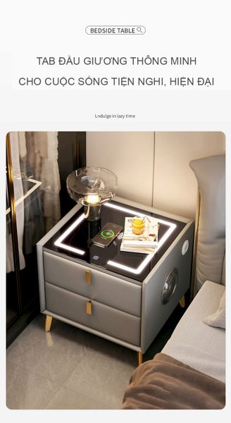 Tab đầu giường bọc da thông minh tích hợp đèn LED, sạc hiện đại - GA36