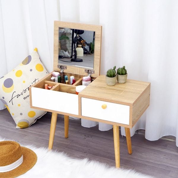 Bàn Trang Điểm GAPI Ngồi Bệt Gỗ MDF Màu Trắng-Vân Gỗ - GP143