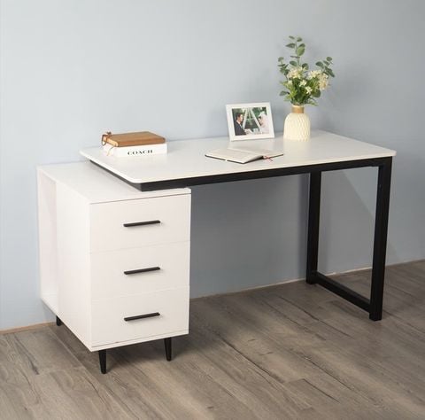 Bàn Làm Việc Kèm Tủ Đồ Khung Đen Mặt Gỗ Trắng Sang Trọng - GM196