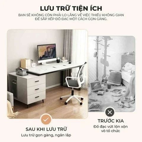 Bàn Làm Việc Kèm Tủ Đồ Khung Đen Mặt Gỗ Trắng Sang Trọng - GM196