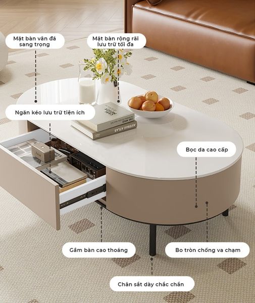 Bàn Trà Sofa Hình Oval Bọc Da Cao Cấp GAPI - GM155