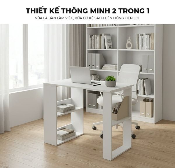 Bàn làm việc full trắng có kệ sách 2 bên hông tiện lợi - GP417